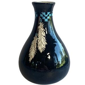 Vintage Native American Pottery Vase Hand Painted Glossy Black Feathers Signed